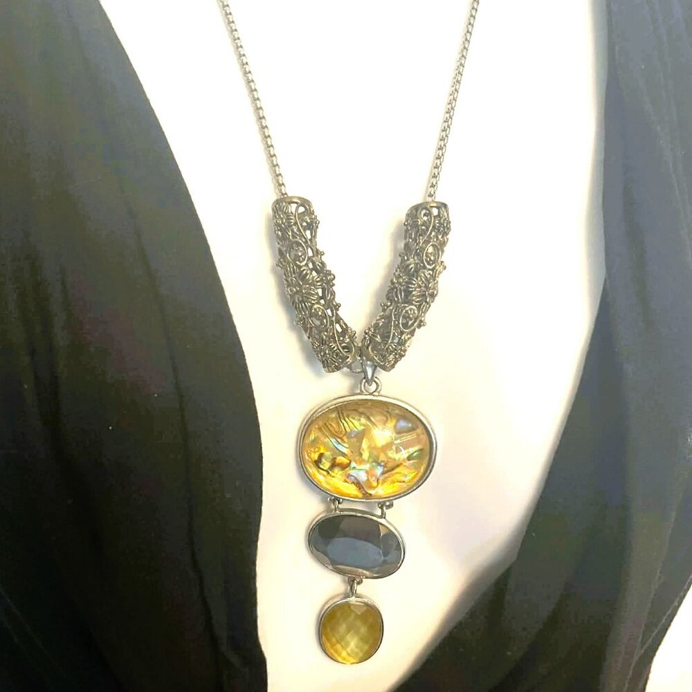 Designer Glass Medallion Necklace Steel Chain Statement Art Jewelry